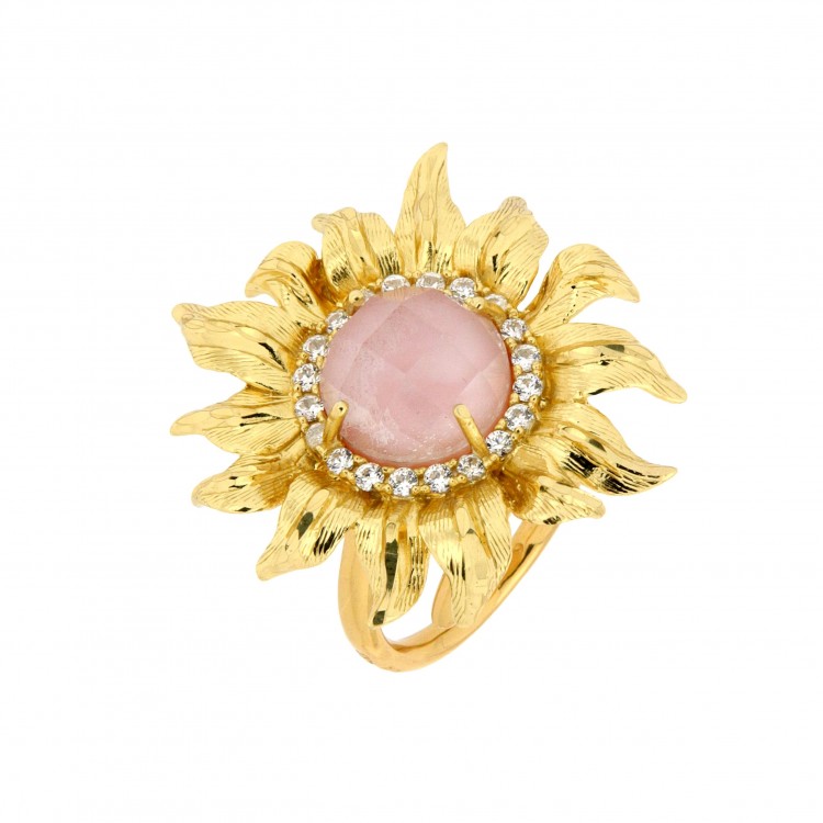 Перстень Misis с крупным подсолнухом и розовым опалом