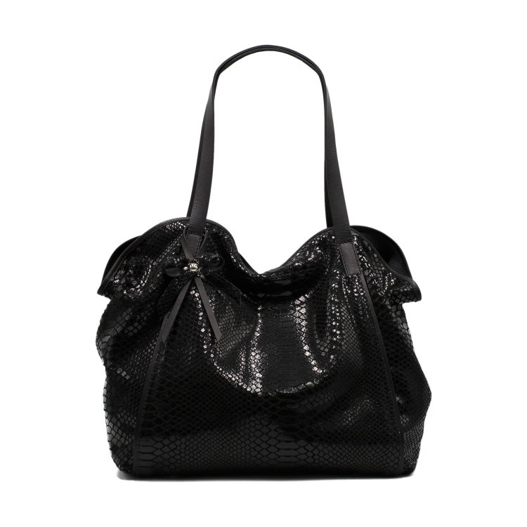 Жіноча лакована сумка з натуральної гладкої шкіри чорного кольору зі зміїним принтом Facebag